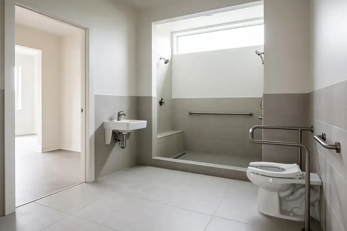 Accessible bathroom with a wide doorway, open floor, roll-under sink and curbless shower
