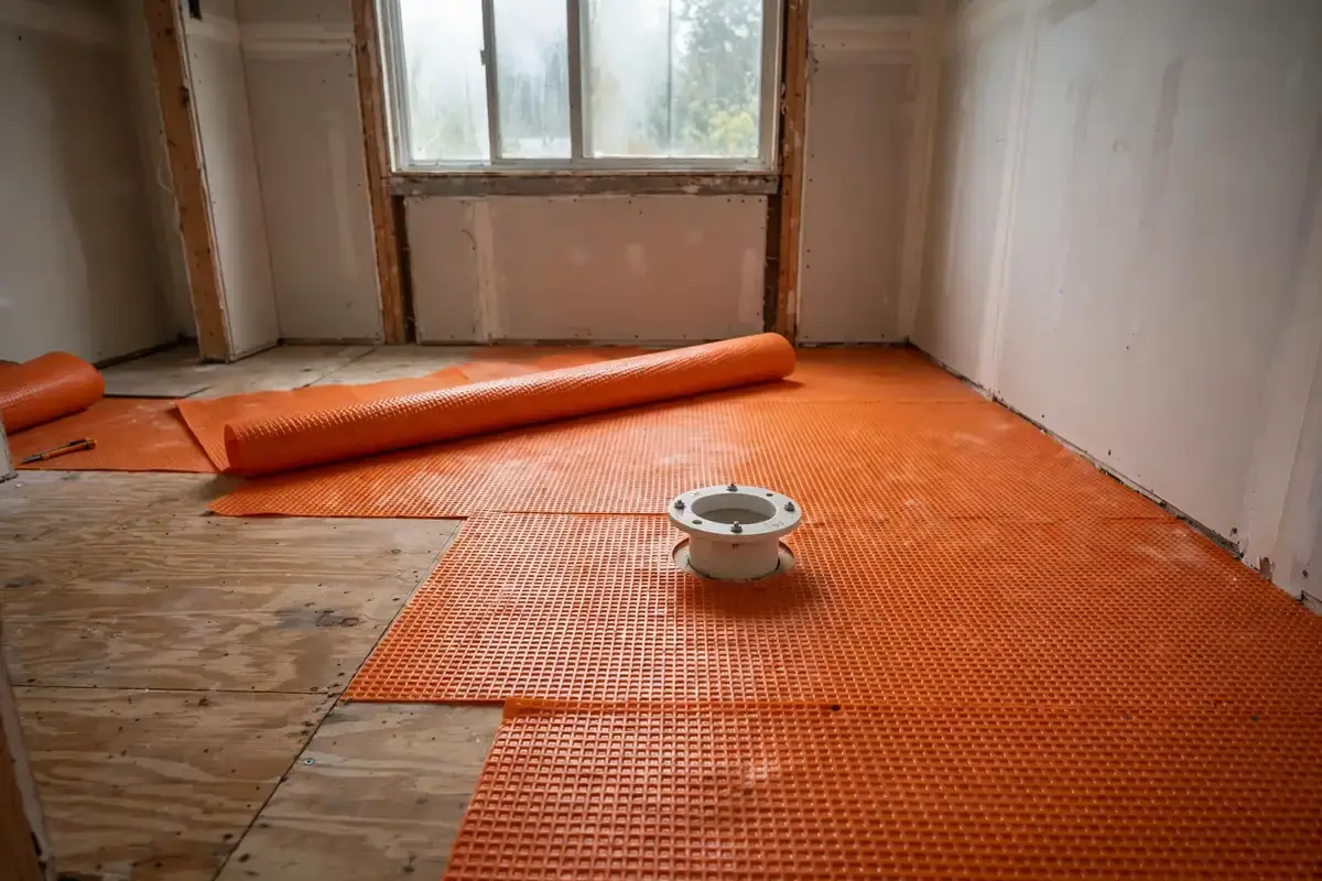 Bathroom floor with exposed subfloor partly covered by an uncoupling membrane