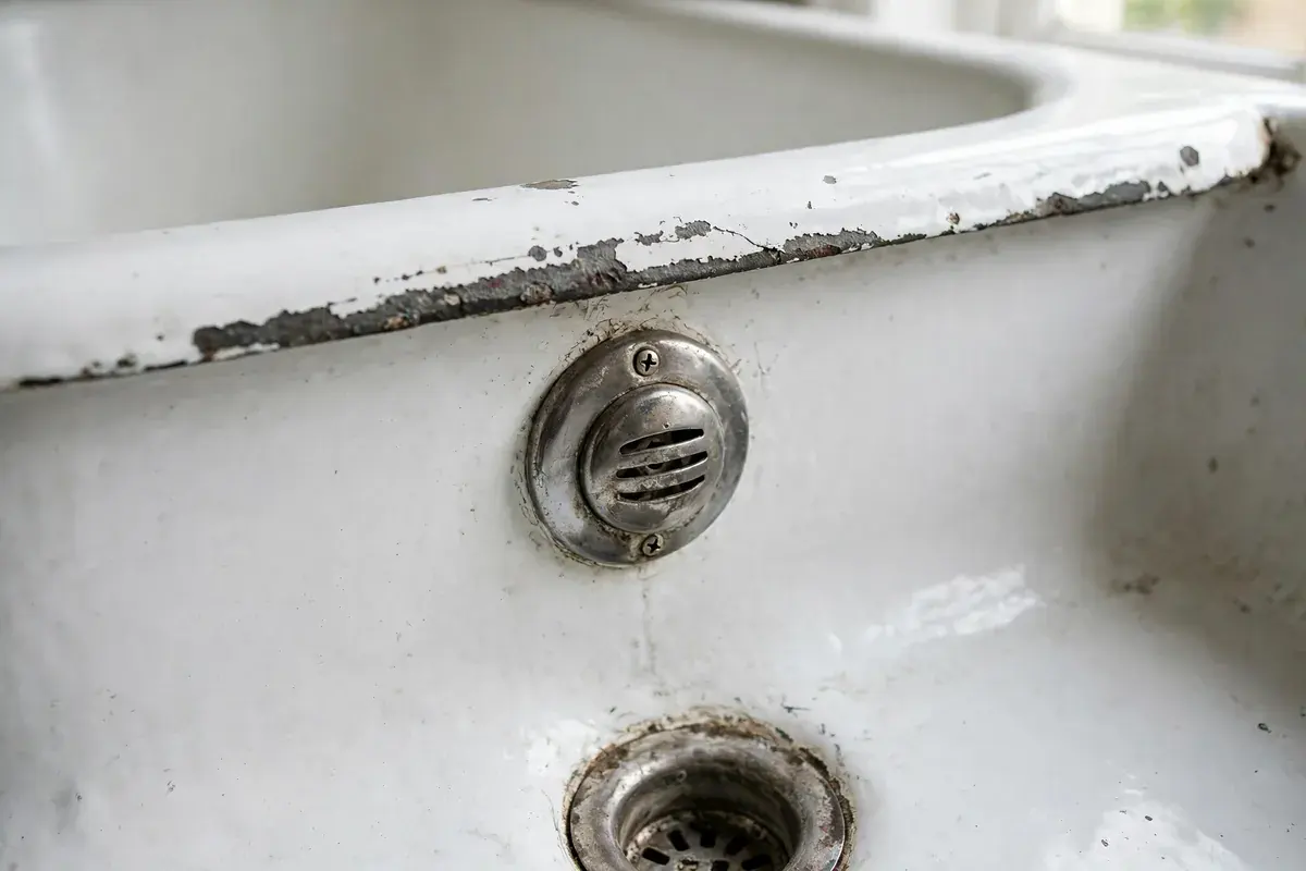 Chipped white cast iron tub rim and overflow plate beside a worn drain