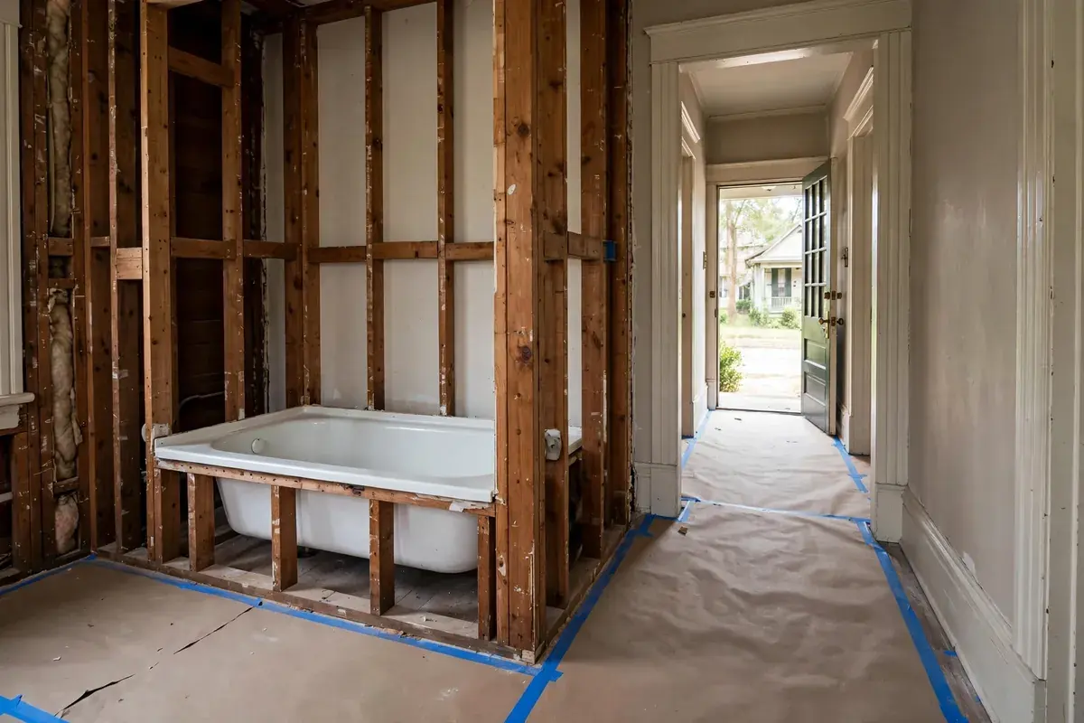Bathroom with a new alcove tub dry-fit in place, exposed studs and protected floor