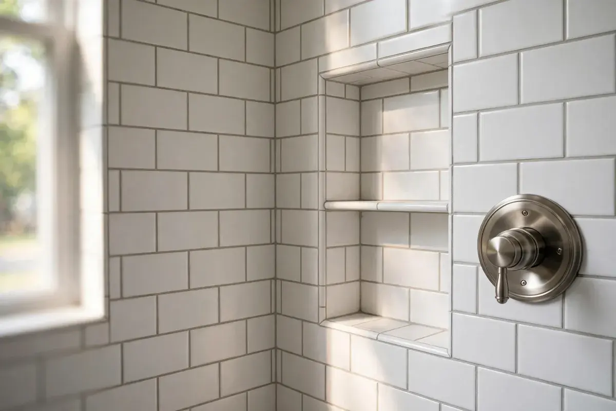 Tiled shower niche beside a brushed nickel valve trim with clean grout lines