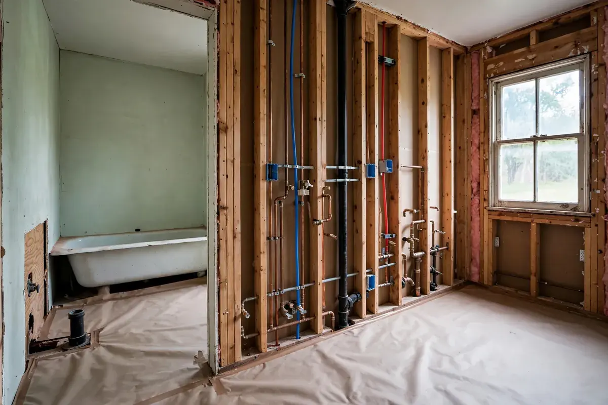 Older ranch-house bathroom with one wall opened to the studs, showing the supply lines before remodeling