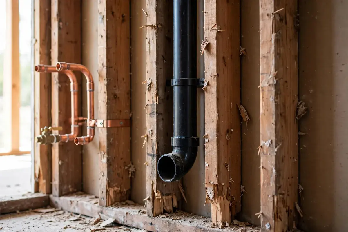 Bathroom wall studs after demolition with new copper supply stubs and a roughed-in drain