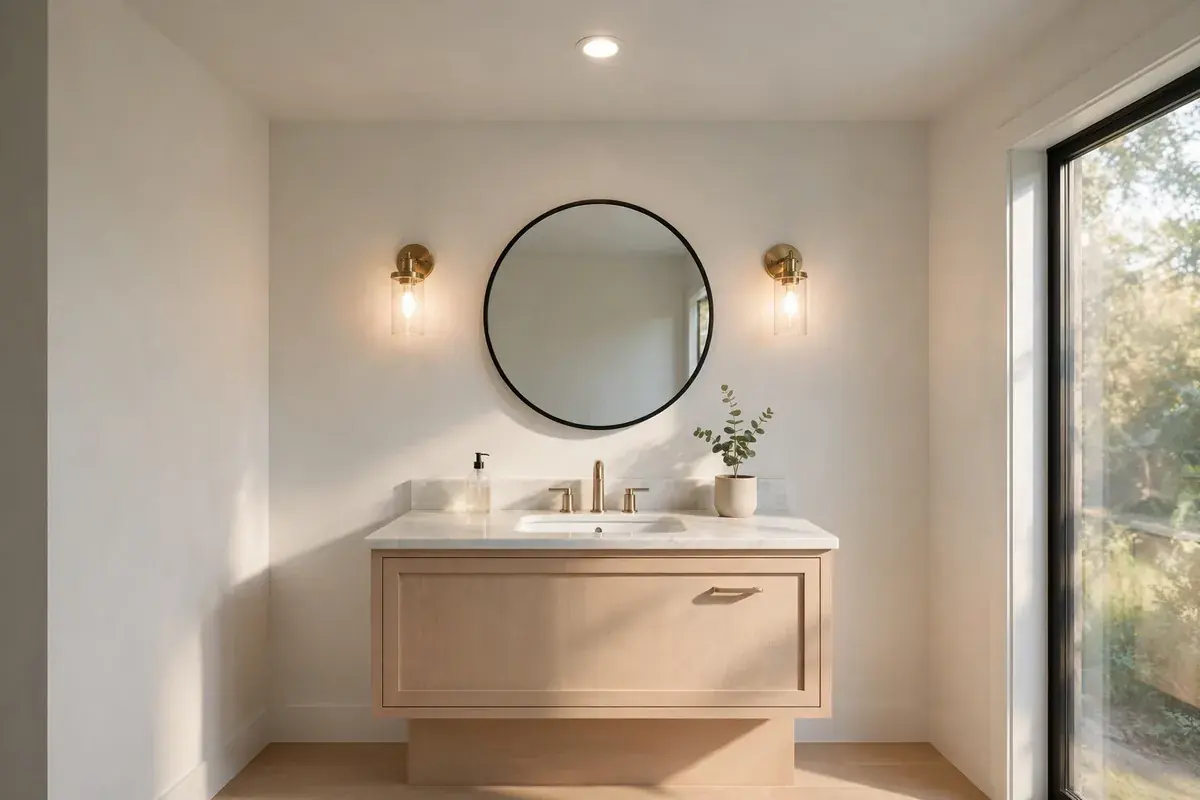 Bathroom vanity wall with sconces beside a round mirror and a recessed ceiling light