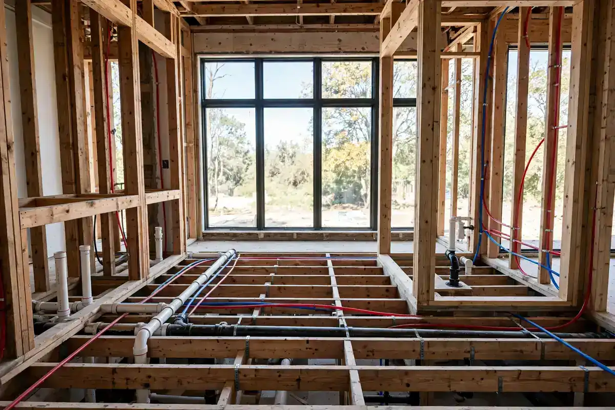 Primary bathroom at rough-in stage with new pipes between exposed floor joists