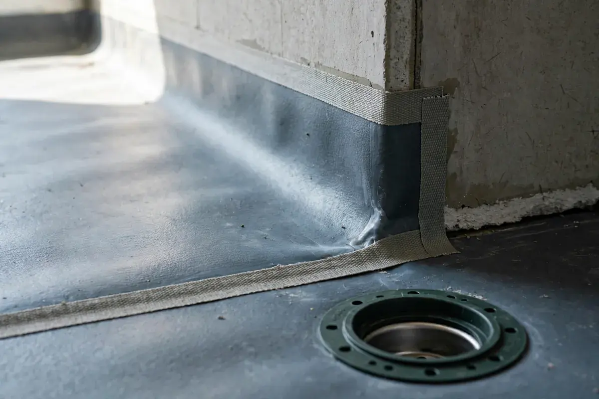 Shower pan corner with sealed membrane seam tape, drain flange and cement board edge