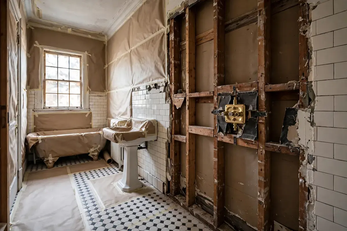 Older bathroom with the shower wall stripped to studs and a new valve body mounted
