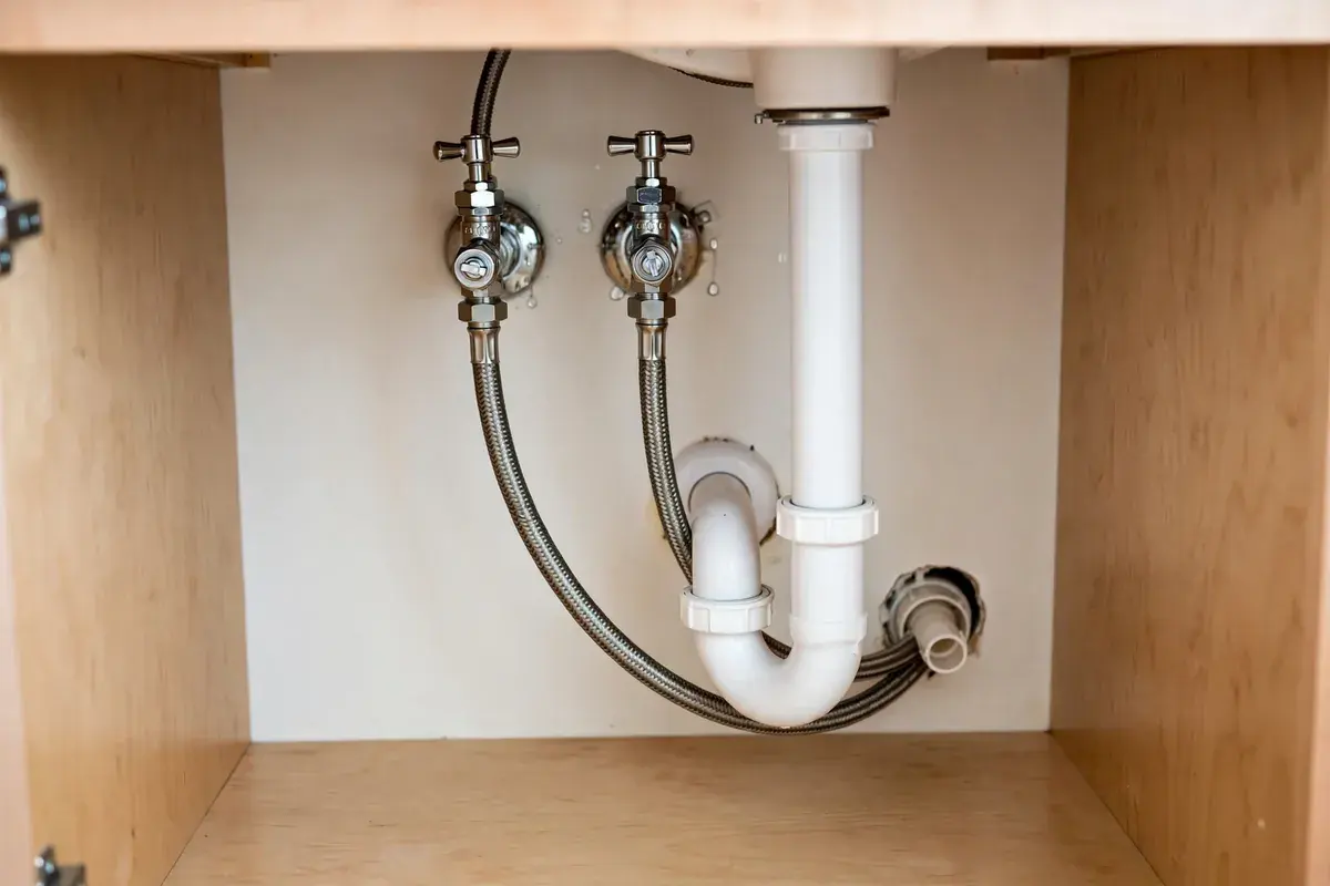 Chrome shutoff valves and braided supply lines under a bathroom sink