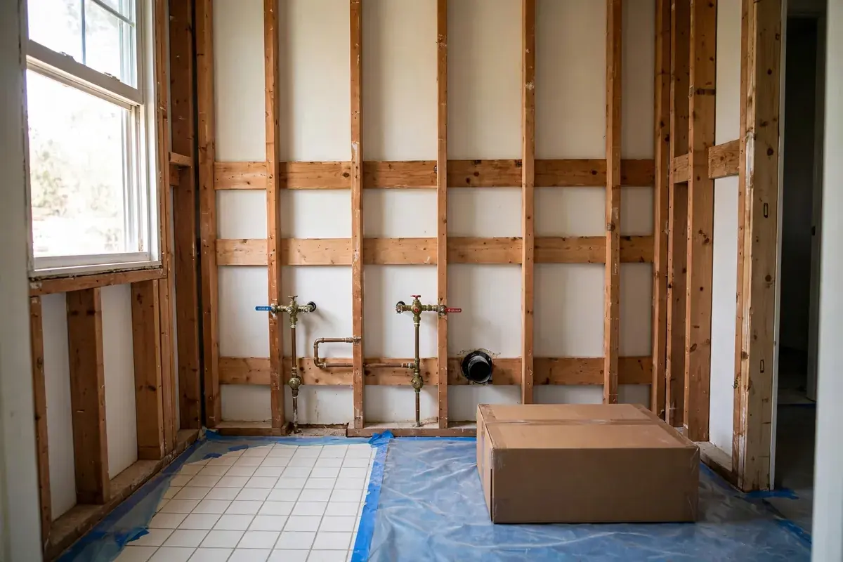 Bathroom with the old vanity removed, bare wall with blocking and exposed shutoffs