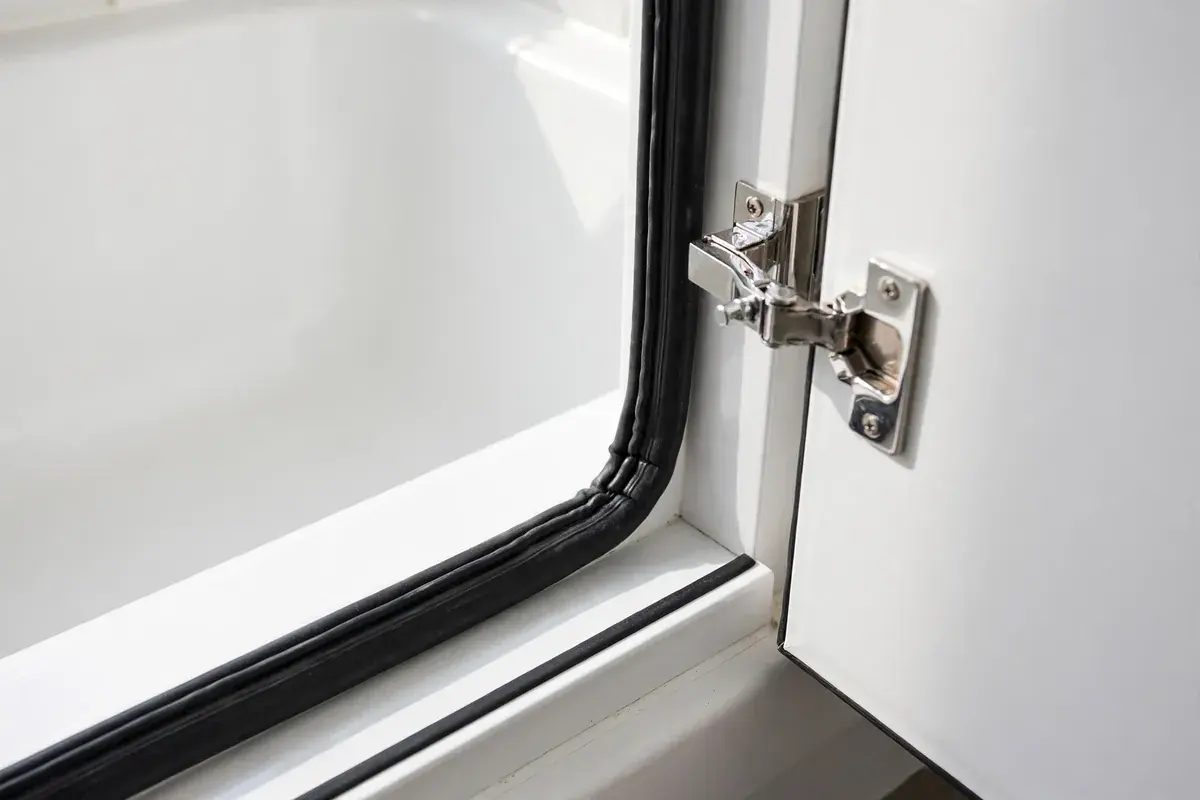 Walk-in tub door with rubber gasket, low threshold and chrome latch in close view